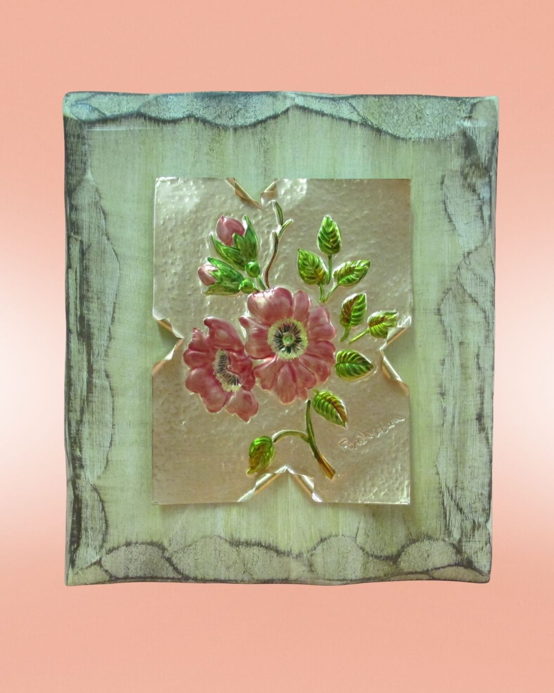 Fiore su lastra di rame effetto arte povera (rosa canina)